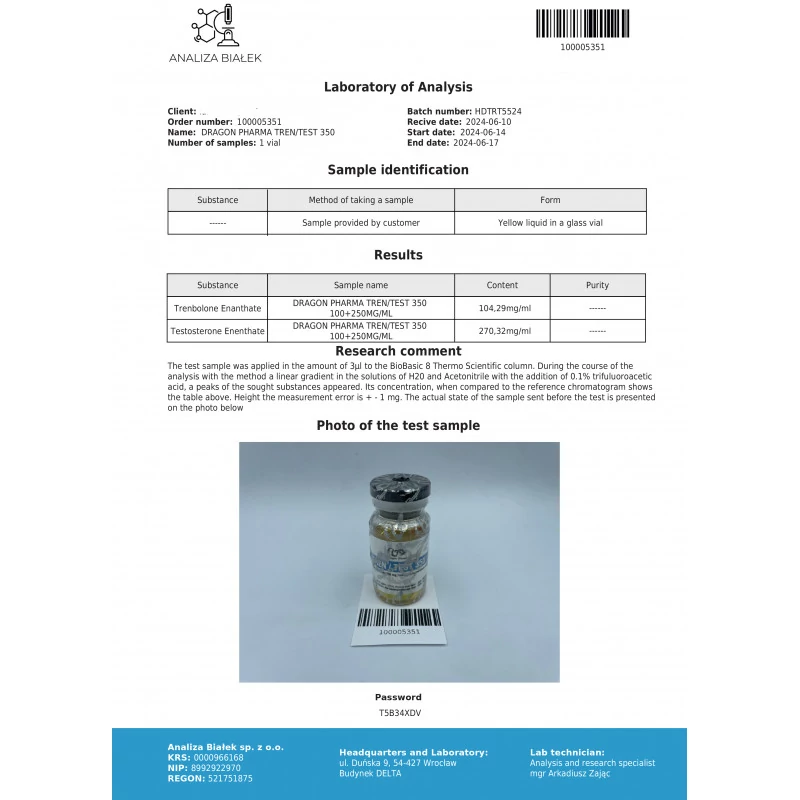 Tren / Test 350 - Trenbolone Enanthate 100mg and Testosterone Enanthate 250mg - Dragon Pharma, Europe